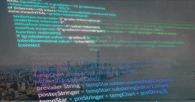 Projecting colorful code overlay covering window at waterfront, with skyline, needle tower shadow