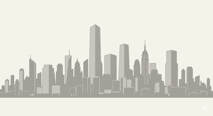 Fototapeta premium A detailed cityscape illustration of a modern metropolitan skyline at dusk featuring numerous skyscrapers and tall buildings in varying heights and styles