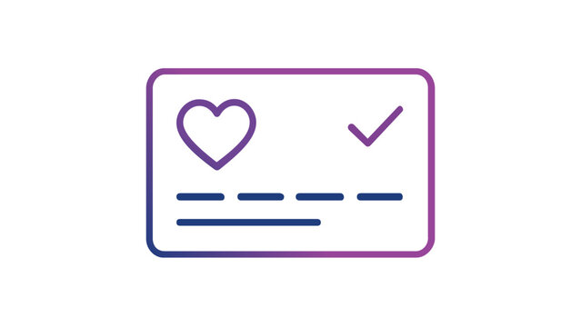 Modern vector icon illustration of a digital loyalty card or credit card featuring a heart symbol and checkmark, designed with a sleek blue to purple gradient for e-commerce and retail apps.