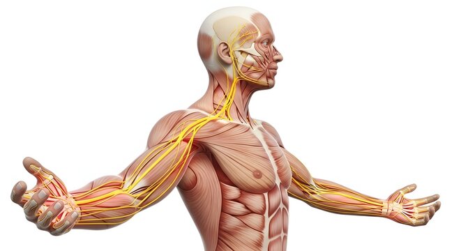 Full upper body nervous system and muscular anatomy. Neurology and human physiology. Male figure displaying intricate yellow nerve paths throughout the arms and facial muscles