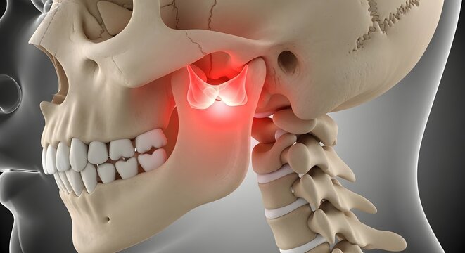 Human jaw bone and skull with red TMJ joint pain. Dentistry and temporomandibular joint disorder. Anatomical view of a skull showing inflammation in the jaw hinge and teeth