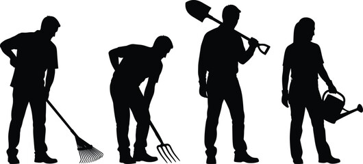 Gardening people silhouette collection with rake pitchfork shovel and watering can in cad drawing flat vector illustration for landscaping design projects. © Tamanna