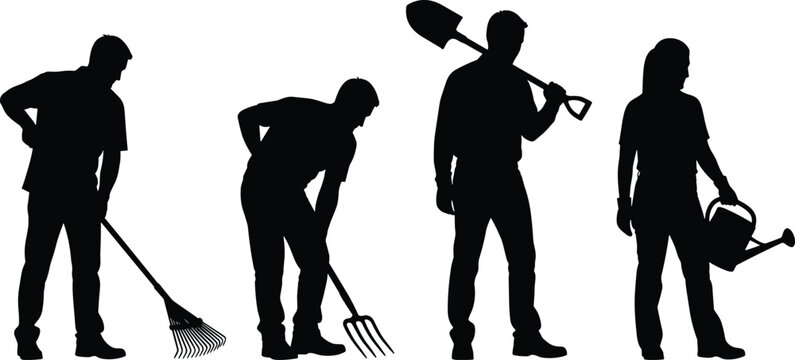 Gardening people silhouette collection with rake pitchfork shovel and watering can in cad drawing flat vector illustration for landscaping design projects.