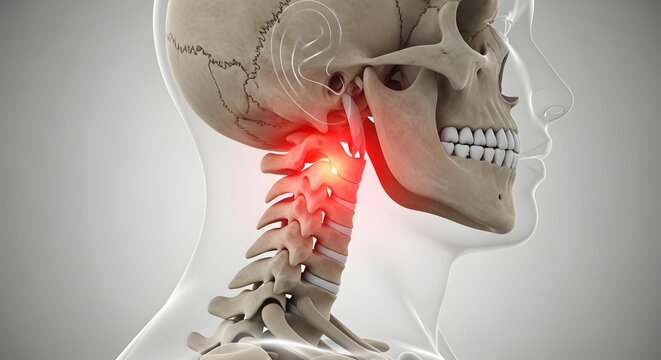 Profile view of cervical vertebrae and jaw alignment. Temporomandibular joint disorder and spinal health. Glowing orange highlights on the upper neck bones and skull connection