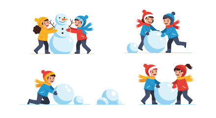 Fototapeta premium Several scenes of happy children in colorful winter clothes building a snowman and rolling large snowballs in a snowy winter landscape.
