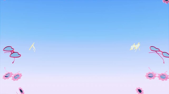 Horizontal abstract 3D render summer sunglasses frame border promo loop animation, copyspace template banner mockup background wallpaper, eyewear shades star flower heart pool party beach vacation
