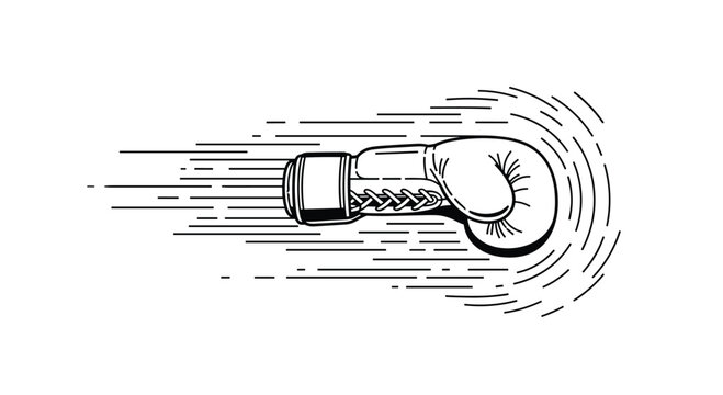 Energetic black and white line drawing of a boxing glove in a fast-punching motion with speed lines indicating power and strong movement.