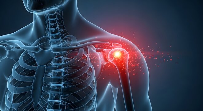 Shoulder joint pain and human skeleton anatomy. Inflammation and orthopedic injury. X-ray view of a male body with red glowing painful shoulder area