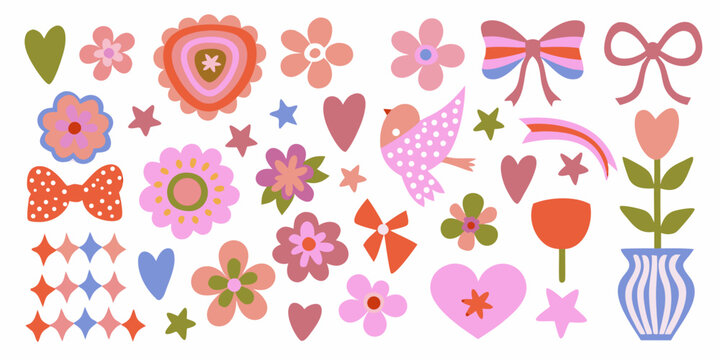 Colorful collection of floral and decorative stickers on a white background