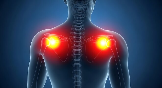 Bilateral shoulder pain and spinal column anatomy. Chronic back strain and postural problems. Back view of human torso with glowing red symmetrical pain