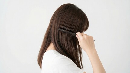 Fototapeta premium Young woman with long brown hair combing her hair with a black comb