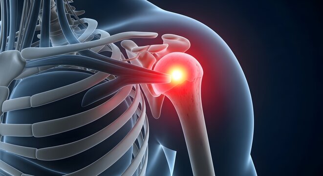 Shoulder joint dislocation and bone anatomy. Orthopedic surgery and healthcare technology. 3D illustration showing a glowing red light on the humerus head and scapula