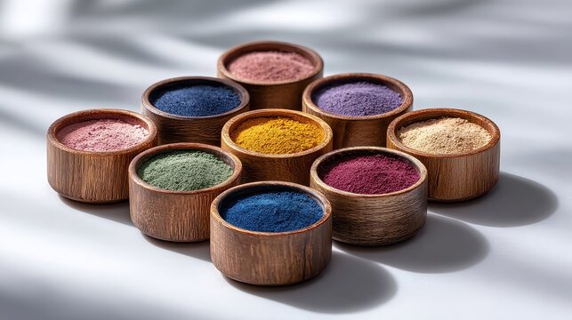 Colorful Powders in Wooden Bowls on White Surface with Shadows