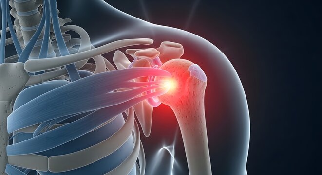 Shoulder joint dislocation and bone anatomy. Skeletal system inflammation and arthritis. 3D render of human shoulder bones with red glowing pain point
