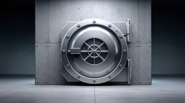 Silver Safe Door on Gray Wall with Dim Lighting and Concrete Texture