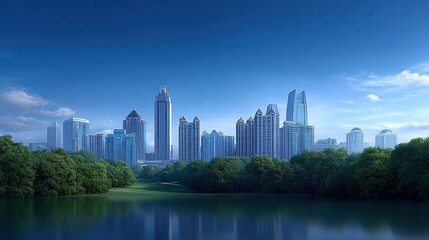Obraz premium Modern Urban Skyline Reflected in Calm Water Under Clear Sky