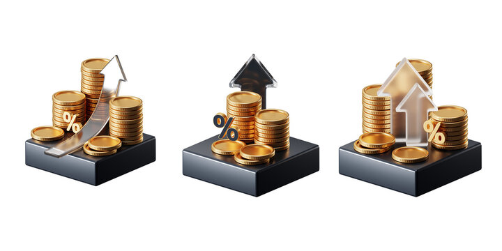 3D financial growth icon set, gold coins, upward arrows, and percentage symbols. Growth money isolated on 3d podium with wealth financial business success finance graph stock profit investment chart.
