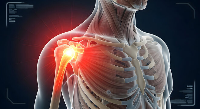 Human skeletal anatomy and shoulder joint pain. Orthopedic surgery and medical diagnostics. Transparent 3D view of glowing inflammation on the collarbone and ribcage