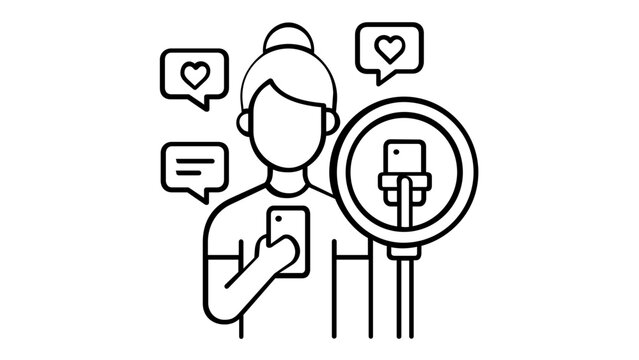 Minimalist vector icon illustration of a female social media influencer or vlogger live streaming using a ring light and smartphone. Line art depicting content creation, likes, and engagement.