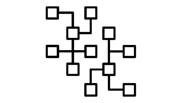 Minimalist Vector Illustration of a Connected Network Flowchart Icon, Representing Social Media Structure, Data Organization, Hierarchy, and Digital Connectivity in a Flat Line Art Style.