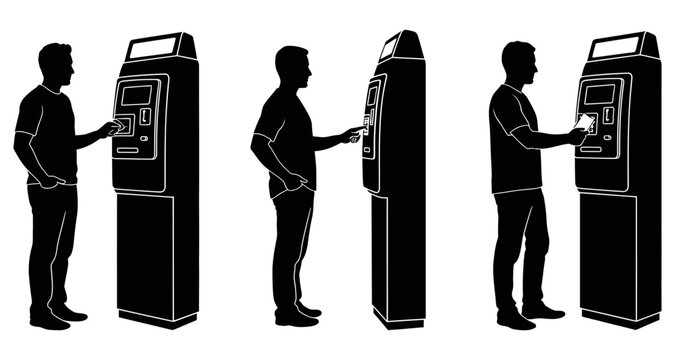 Man Using ATM Machine Silhouette Inserting Card Financial Transaction Clean Vector Graphic