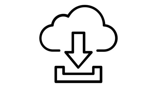Minimalist cloud download vector icon illustration featuring a clean black line art design of a cloud with a downward arrow and storage tray, ideal for web interfaces and digital data transfer.