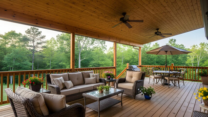 Fototapeta premium Cozy outdoor patio with furniture set on wooden deck overlooking trees