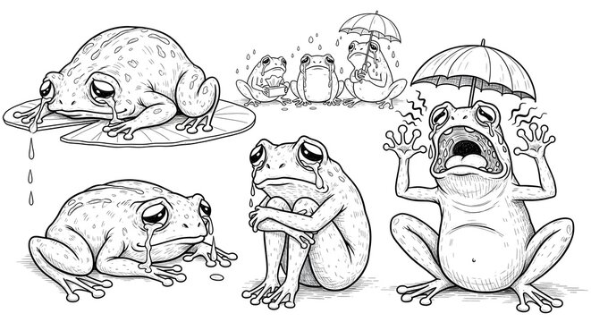 Collection of Sad Crying Frogs in Various Poses.