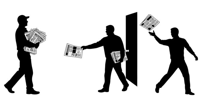 Newspaper Delivery Person Silhouette Series: Walking Handing Out and Throwing Papers