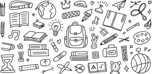 Hand drawn school supplies doodle collection featuring backpack books globe and science laboratory tools for educational back to school student design © Md