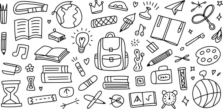 Hand drawn school supplies doodle collection featuring backpack books globe and science laboratory tools for educational back to school student design