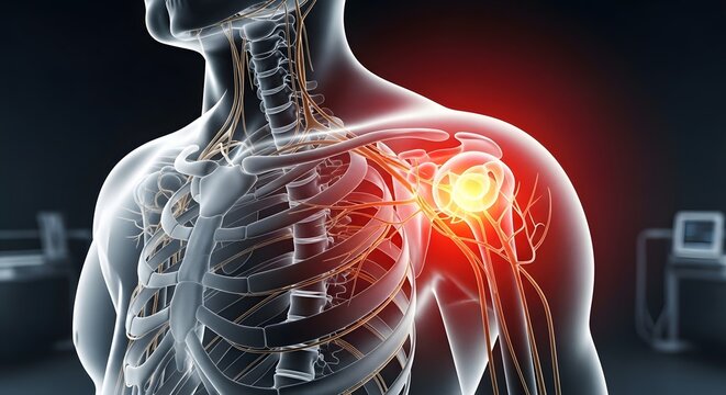 Internal anatomy of human shoulder and chest nerves. Skeletal system and respiratory biology. 3D rendering of glowing red pain in the shoulder joint and brachial plexus area