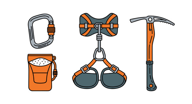 A set of climbing equipment including carabiner chalk bag leg and waist harness and ice axe, Generative AI.