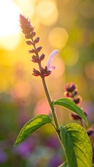 Obraz premium Close-up of a slender flower stem with emerging blooms bathed in warm sunlight. The background is a soft, colorful bokeh