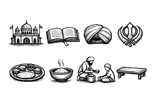 Sikh cultural symbols and daily life elements in a hand-drawn sketch style