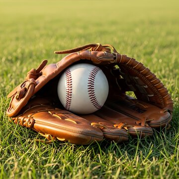 Baseball resting inside a worn leather glove on a grassy field. basball