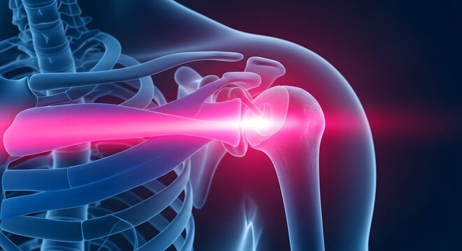Humeral head pain and shoulder joint skeletal anatomy. Arthritis and joint dislocation concept. 3D render of a blue skeleton with a bright red glowing spot on the shoulder joint