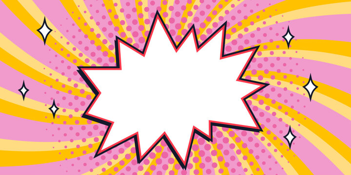 Starburst vector comic star banner with pink burst and blank center over pink and yellow radial background with halftone and sparkles. Starburst vector banner with for posters and promo graphics