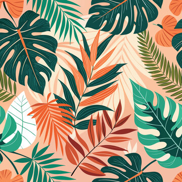 tropical monstera palm leaves seamless pattern
