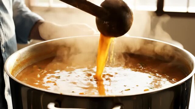 Chef ladles delicious soup into large pot in restaurant preparing lunch meal for customers