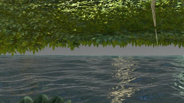 Lush Garden Pond with Floating Plants and Tree Branches Nature Background