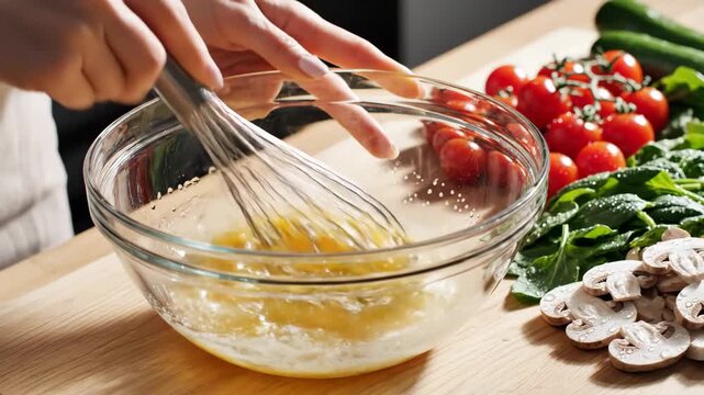Close up of eggs being whisked in glass bowl with fresh vegetables preparation for cooking