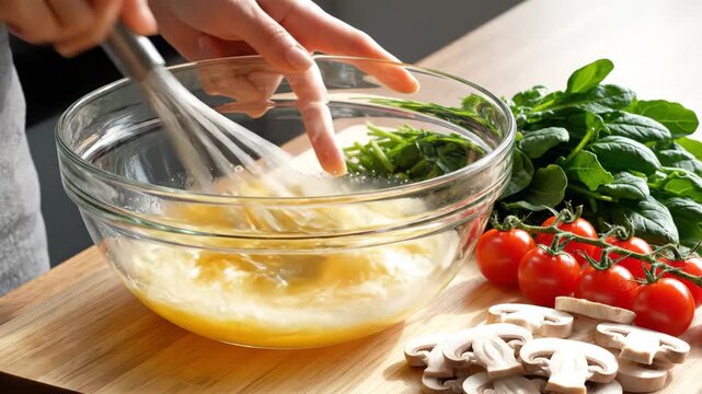 Close up of eggs whisking in a glass bowl with fresh vegetables for a healthy meal preparation