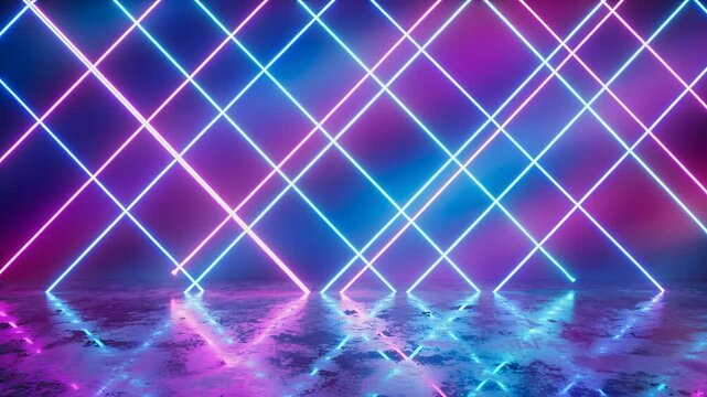 Abstract background with intersecting neon blue and purple laser light lines reflecting on a dark textured surface for futuristic visuals