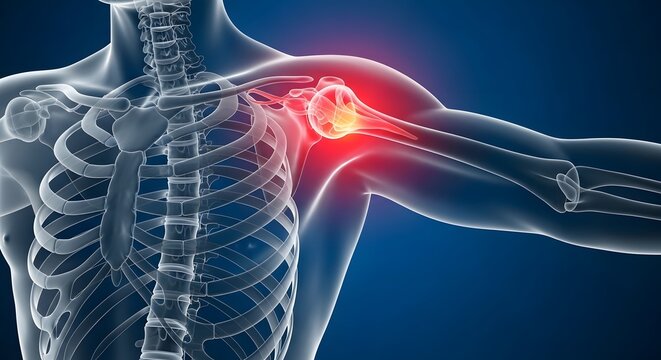 Human skeletal system and shoulder joint dislocation. Orthopedic medical illustration and bone disease. X-ray style skeleton showing arm bone and shoulder socket with red glow