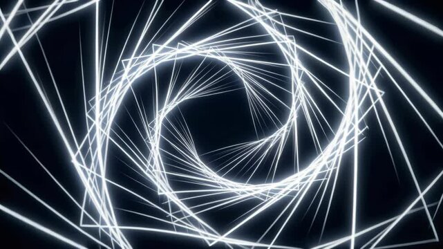 Abstract tunnel of rotating white neon square lines, glowing frame geometric motion, seamless loop background for futuristic digital media