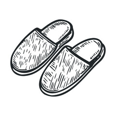 Obraz premium Pair of comfortable house slippers, hand-drawn with a classic sketch style, perfect for illustrating domestic comfort and relaxation.