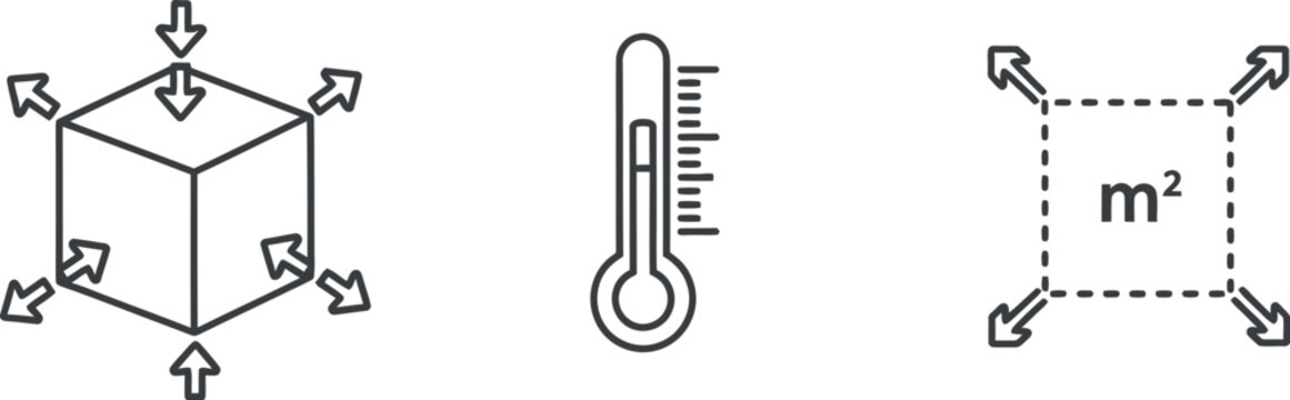 Black line icons of pressure on a cube, thermometer and square area