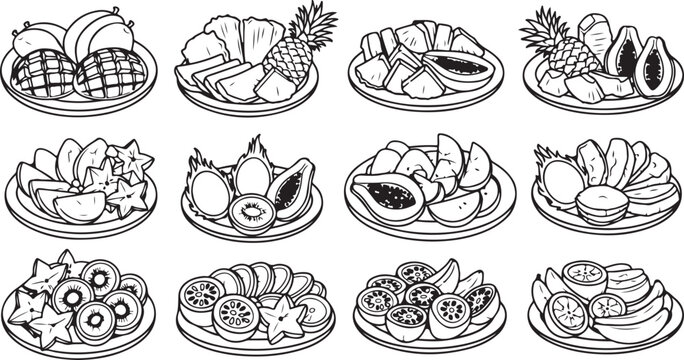 Decorative floral and fruit motifs arranged in a circular pattern on ceramic plates Vector