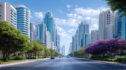 Fototapeta premium Scenic Urban Landscape with Modern Skyscrapers and Lush Trees